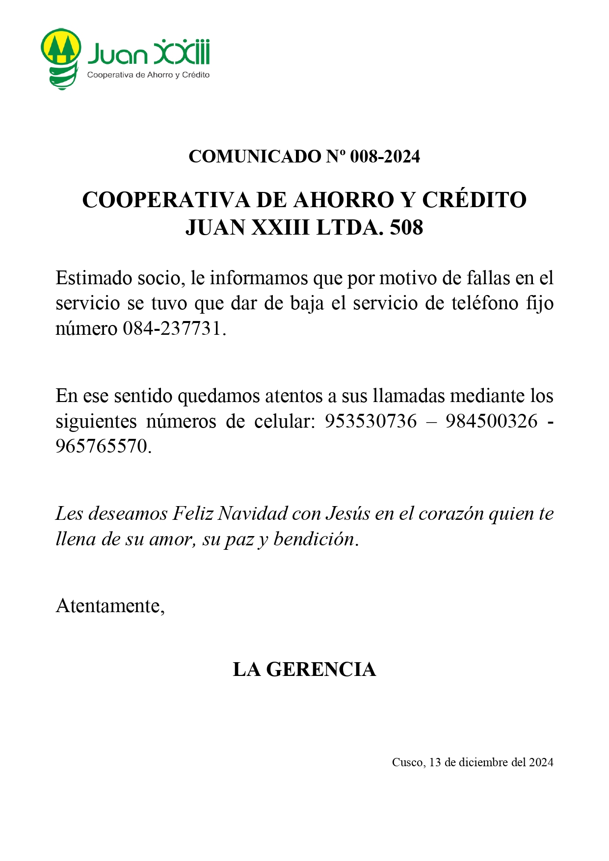 COMUNICADO N° 08 COOPAC. JUAN XXIII LTDA. 508