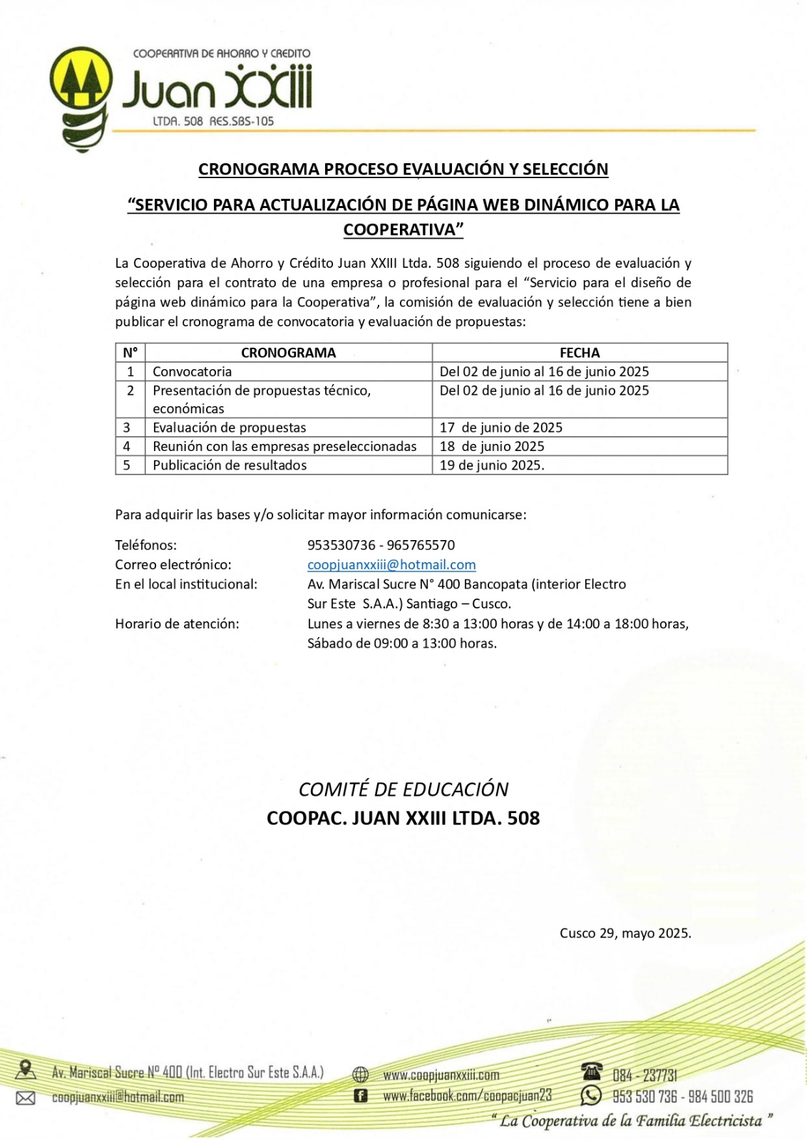 CONVOCATORIA N° 02-2025 COOPAC. JUAN XXIII