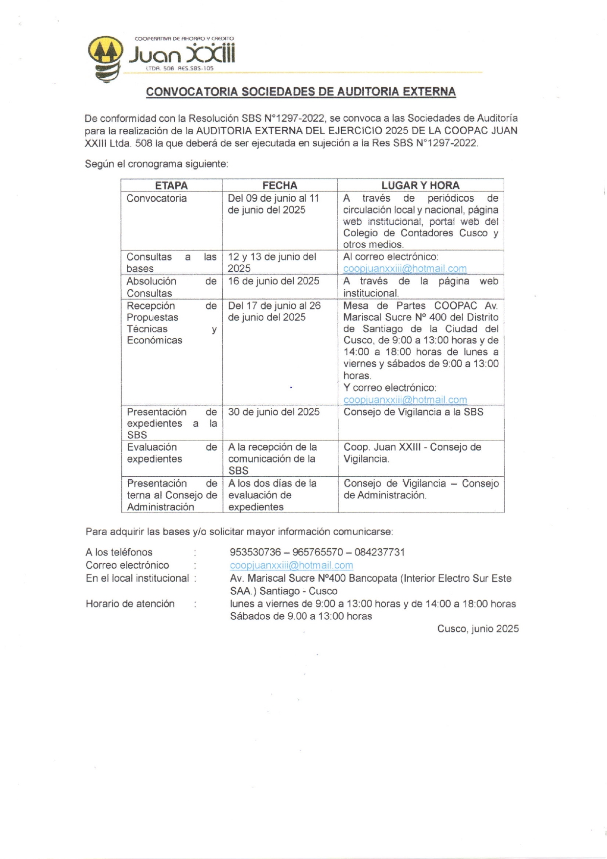 CONVOCATORIA A SOCIEDADES DE AUDITORÍA EXTERNA