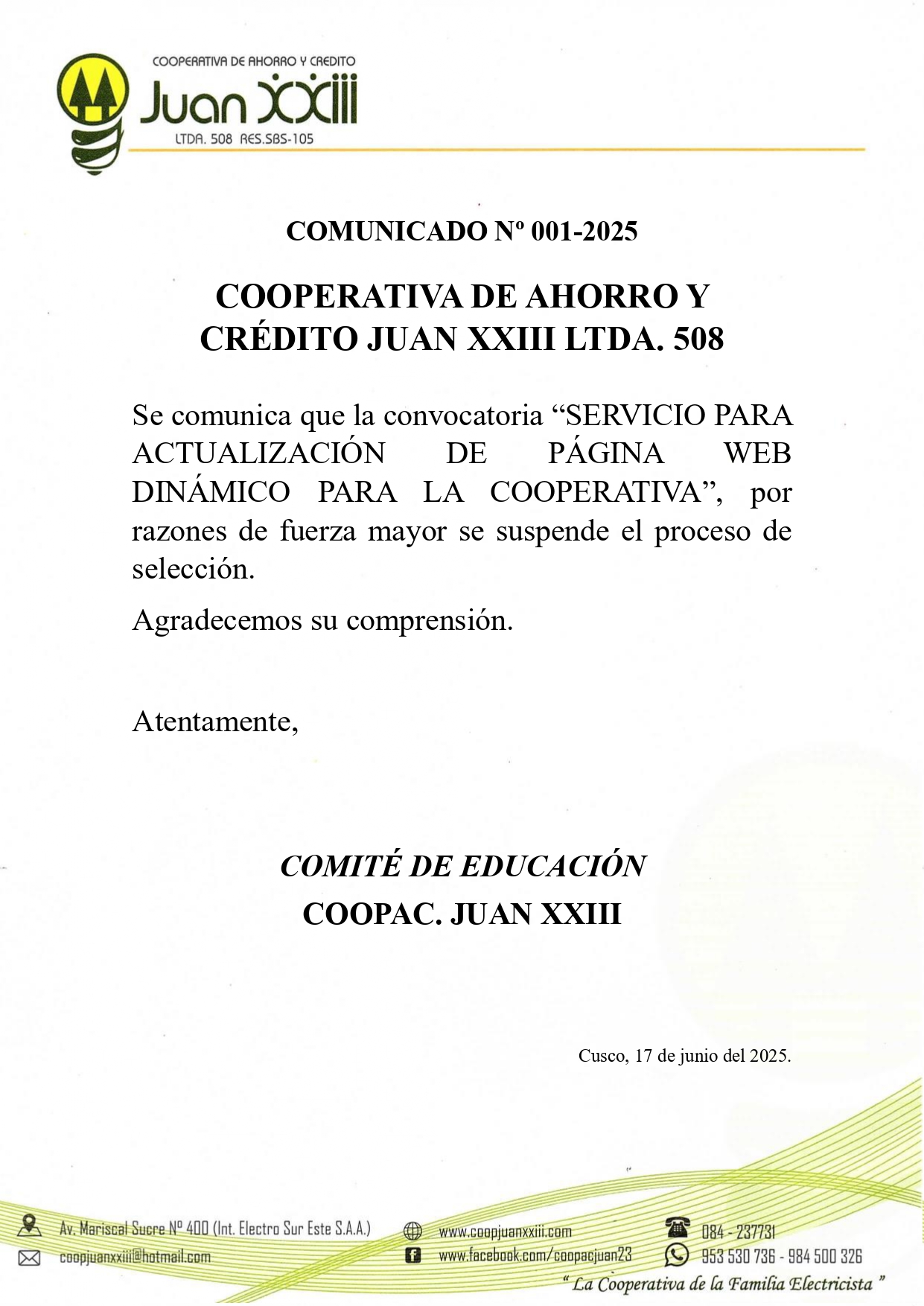 COMUNICADO N° 001-2025