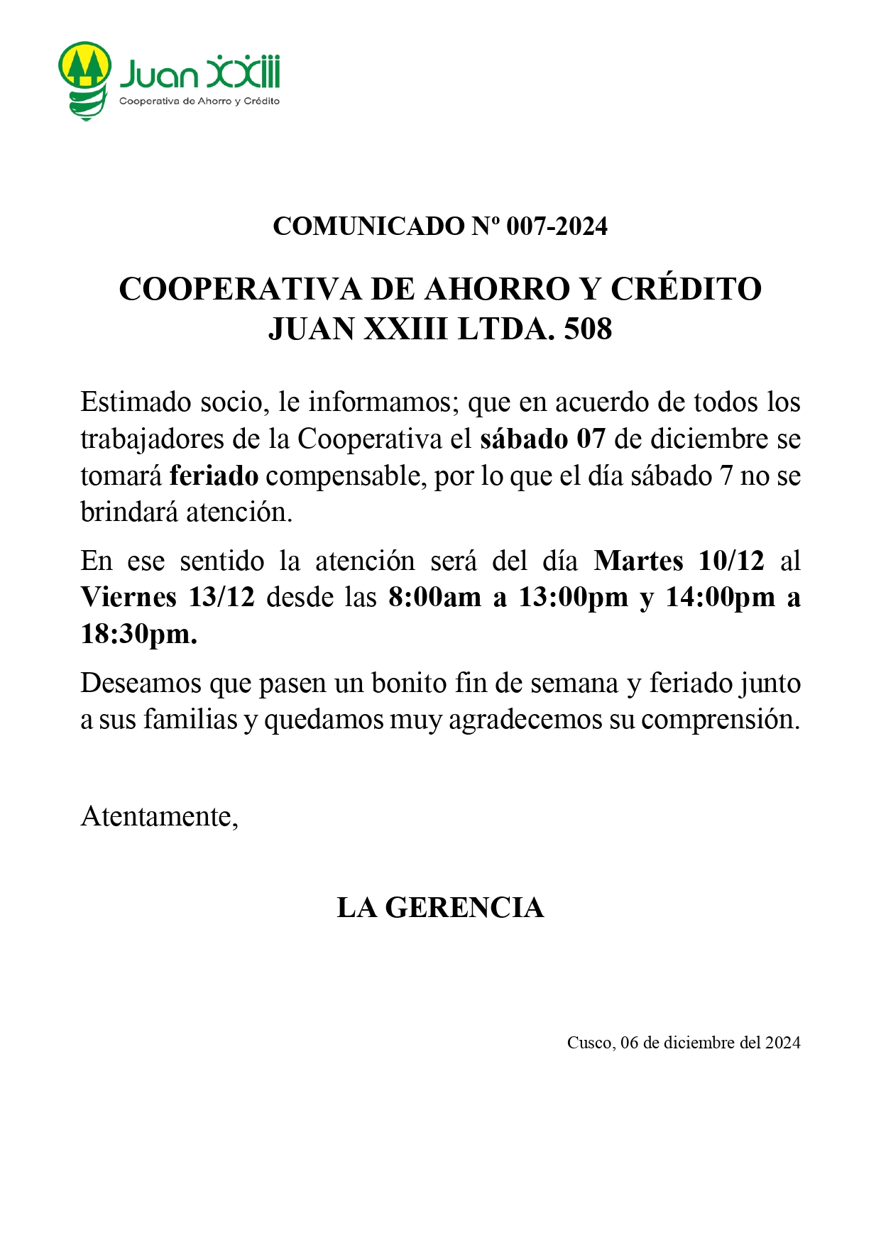 COMUNICADO N° 07 COOPAC. JUAN XXIII LTDA. 508